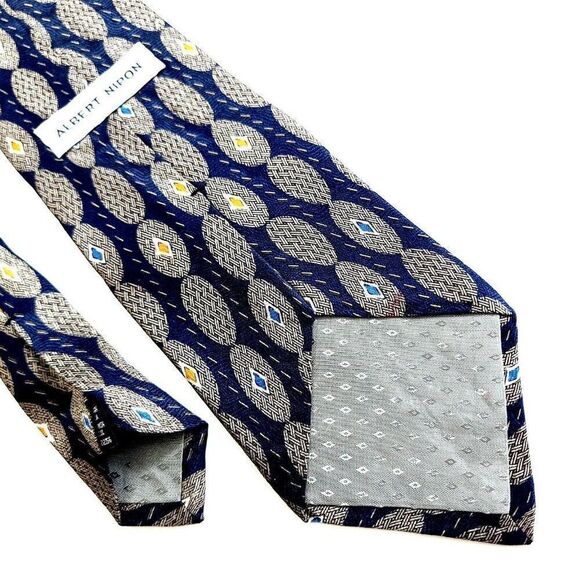 Albert Nipon Blue Beige Tan Geometric Jacquard Print Short Wide Silk Tie - Picture 6 of 7